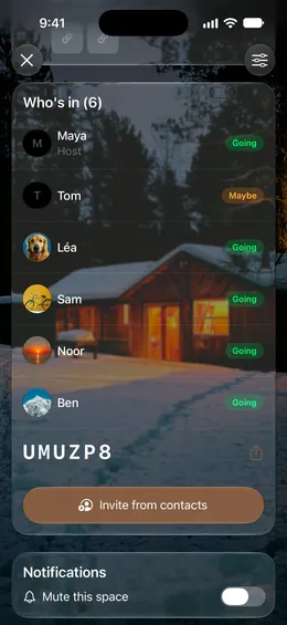 Who’s in for Chalet weekend: five going, Tom maybe, and the invite code.